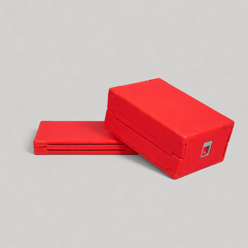 Coral SUNSAL yoga block carried by hand, showing its compact travel profile.