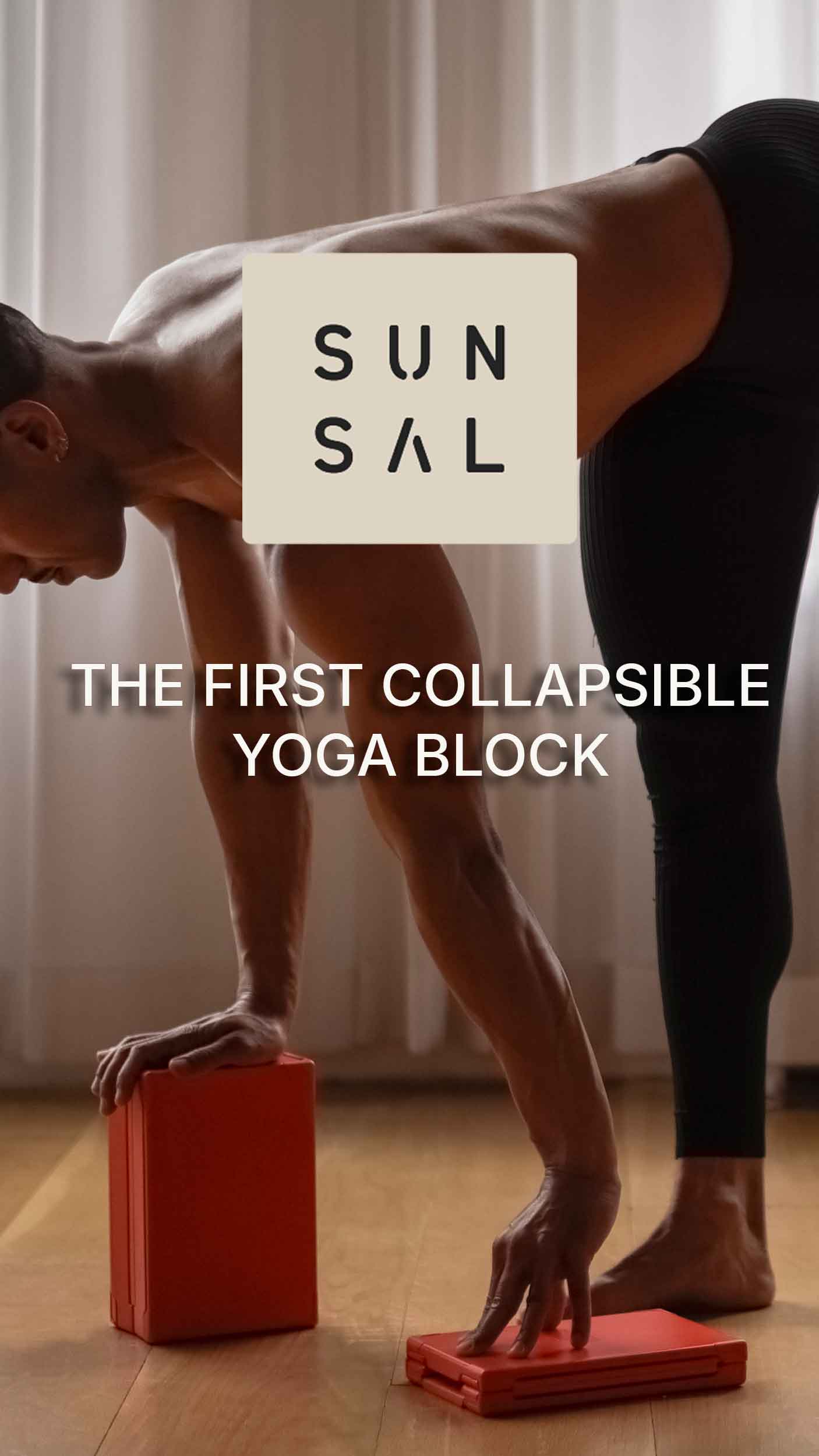 Yogi using the SUNSAL yoga block in both expanded and collapsed states during a pose, showcasing the first collapsible yoga block's innovative design and functionality.